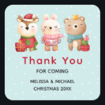 Christmas Pals - Reindeer, Bear & Rabbit Thank You Square Sticker<br><div class="desc">Event thank you stickers with a cute illustration featuring a bunny,  a bear and a deer all dressed in festive gear. Adorable and whimsical.</div>