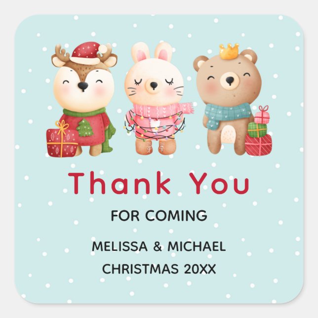 Christmas Pals - Reindeer, Bear & Rabbit Thank You Square Sticker (Front)