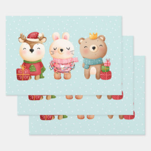 Christmas Pals - Reindeer Bear & Rabbit Wrapping Paper Sheet