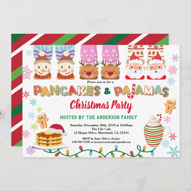 Christmas panackes and pyjamas party pink white invitation (Front/Back)