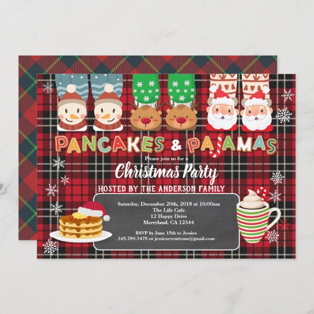 Christmas panackes and pyjamas party red flannel invitation (Front/Back)