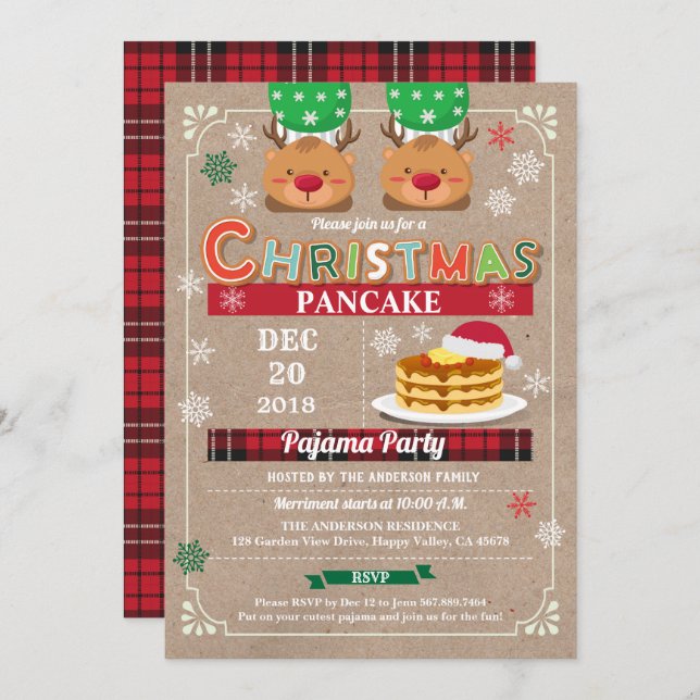 Christmas pancake and pajama party kids birthday invitation (Front/Back)