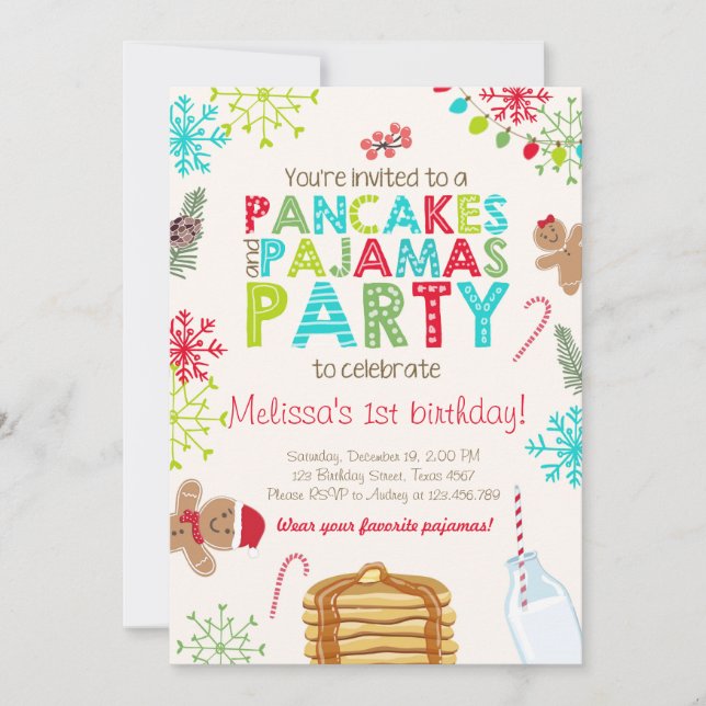 Christmas Pancake and Pyjamas birthday invitation (Front)