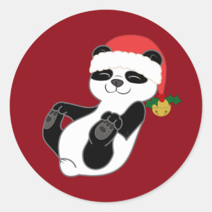 Christmas Panda Bear with Santa Hat & Jingle Bell Classic Round Sticker
