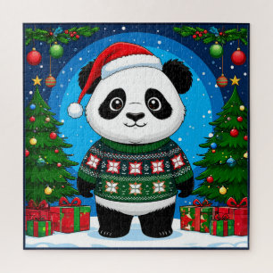 Christmas Panda in Sweater For Holiday Family Jigsaw Puzzle