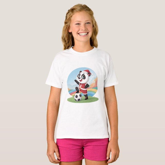Christmas Panda with Christmas Hat and Soccer Ball T-Shirt (Front Full)