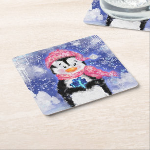 Christmas Paper Coaster Baby Penguin with Gift