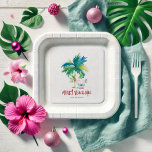 Christmas Paper Plates Cute Tropical Beach<br><div class="desc">These square Christmas paper plates feature a charming palm tree and Santa on a beach. The words "Merry Beach-mas" appear in hand lettered typography. Use the template fields to add your custom text. Order small quantities or bulk paper plates. A festive choice for a beach Christmas or your xmas party....</div>