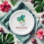 Christmas Paper Plates Cute Tropical Beach<br><div class="desc">These small Christmas paper plates feature a charming palm tree and Santa on a beach. The words "Merry Beach-mas" appear in hand lettered typography. Use the template fields to add your custom text. Order small quantities or bulk paper plates. A festive choice for a beach Christmas or your xmas party....</div>