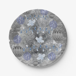 Christmas Paper Plates, Merry Blue Silver Tree Plate