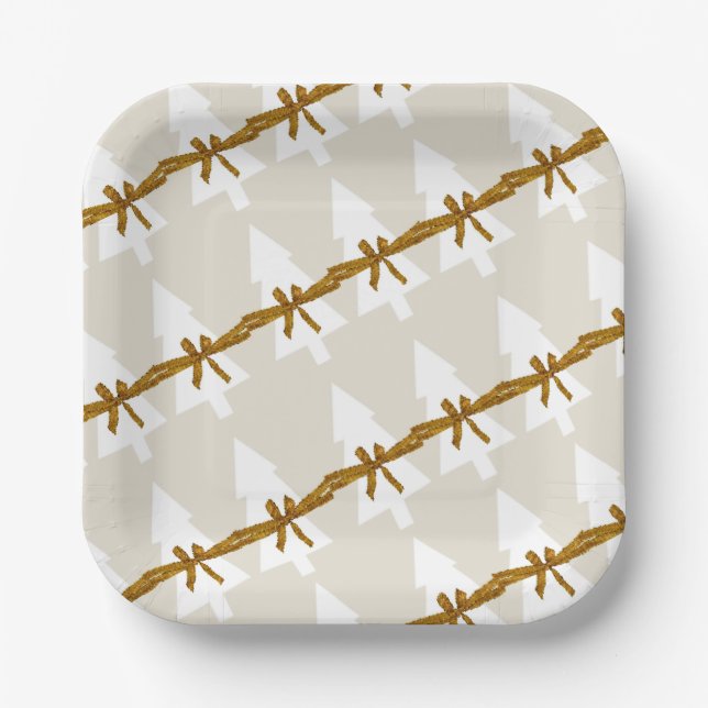 Christmas Paper Plates, Merry Christmas Beige Bows Plate (Front)