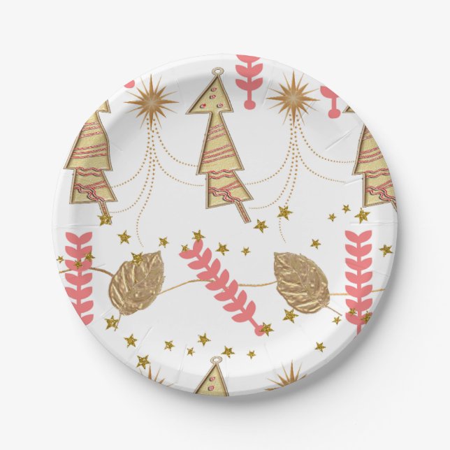 Christmas Paper Plates, Merry Christmas Gold Trees Plate (Front)