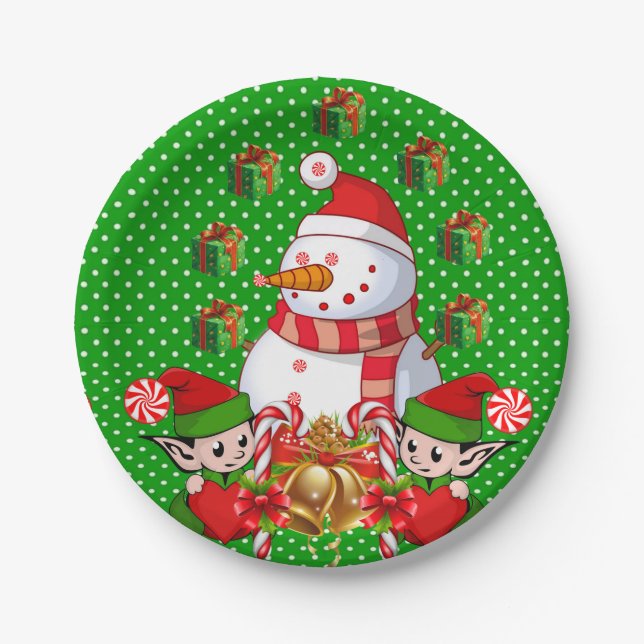 Christmas Paper Plates, Merry Christmas SnowmanElf Plate (Front)