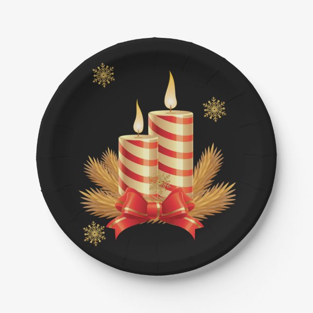 Christmas Paper Plates, Red Gold Christmas Candle Plate (Front)