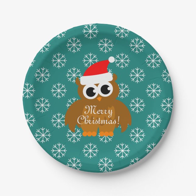Christmas paper plates | Santa owl with snowflakes (Front)