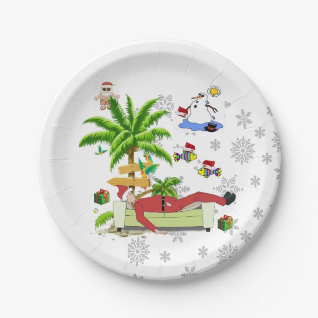 Christmas Paper Plates, Summer Beach Bum Santa  Paper Plate (Front)