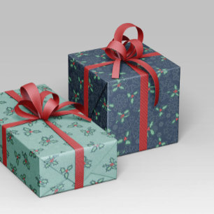 Christmas paper with snowflakes and holly leaves