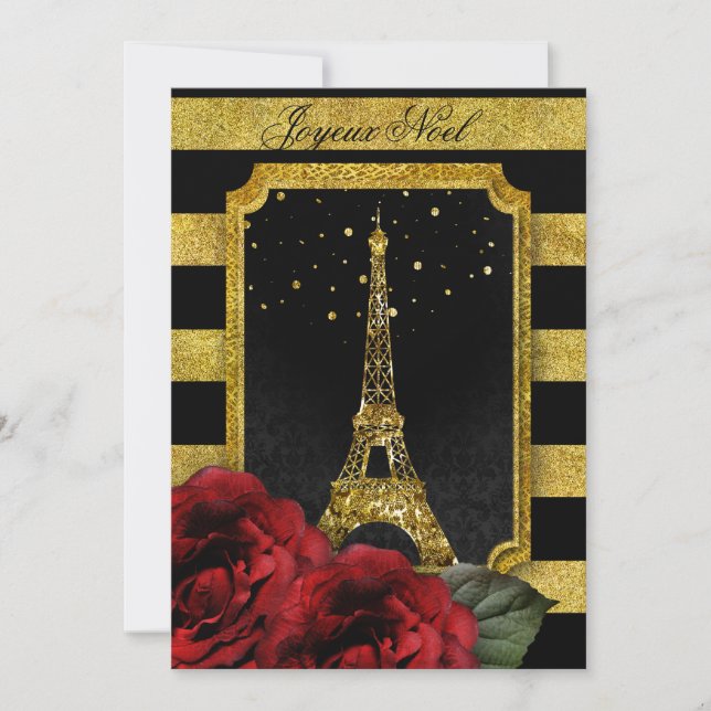 Christmas Paris Rose Eiffel Tower Gold Stripe Invitation (Front)