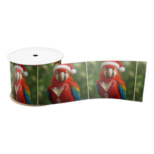 Christmas Parrot Holding a Cocktail Satin Ribbon