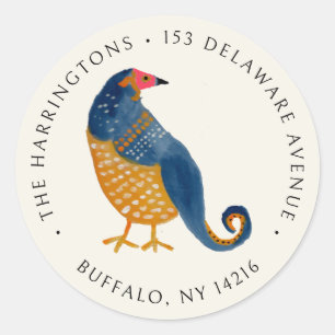 Christmas Partridge Blue Bird Art Return Address Classic Round Sticker