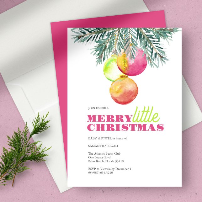 Christmas Party Baby Shower Invitation (Christmas theme baby shower bright pink and green color 2023 watercolor art by Victoria Grigaliunas)