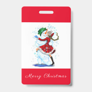 Christmas Party Badge Snowman and Girl Dance ID Badge