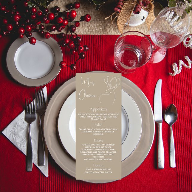 Christmas party beige reindeer dinner menu card (Creator Uploaded)