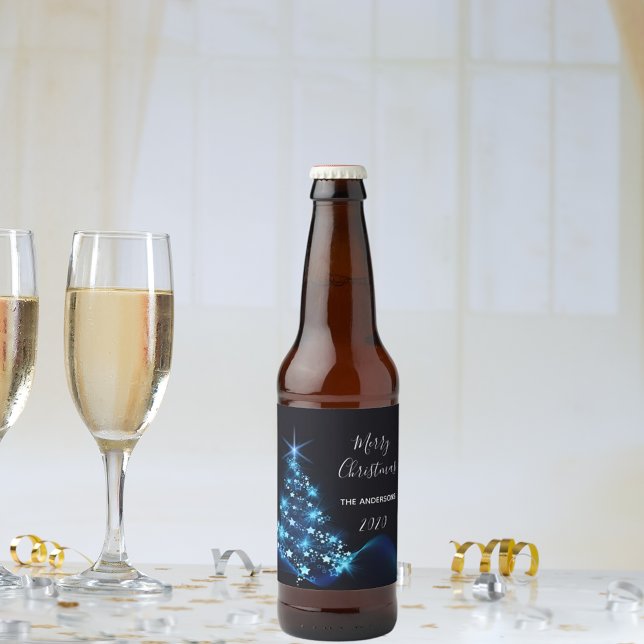 Christmas party black blue modern shining tree beer bottle label (Creator Uploaded)