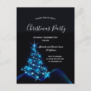 Christmas party black blue modern tree invitation postcard