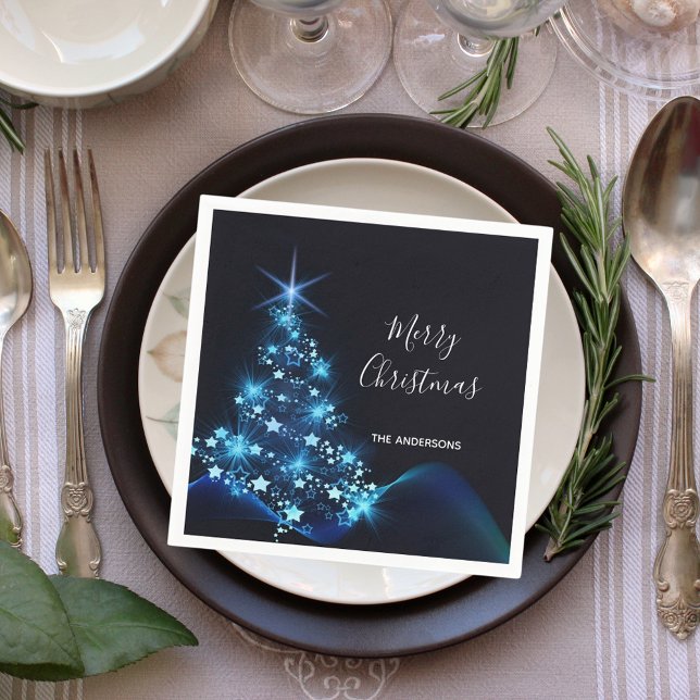 Christmas party black blue modern tree napkin (Creator Uploaded)