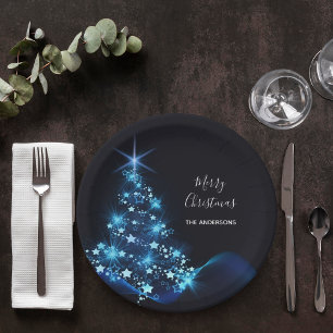 Christmas party black blue tree modern paper plate