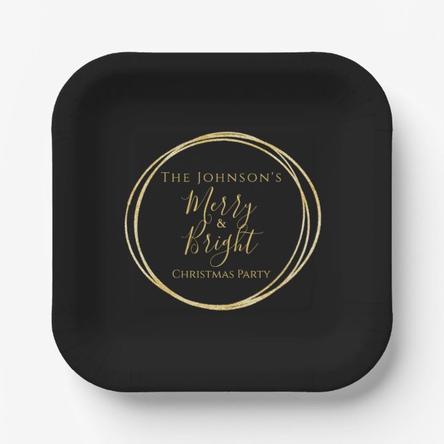 Christmas Party Black Gold Family Name Paper Plate (Front)