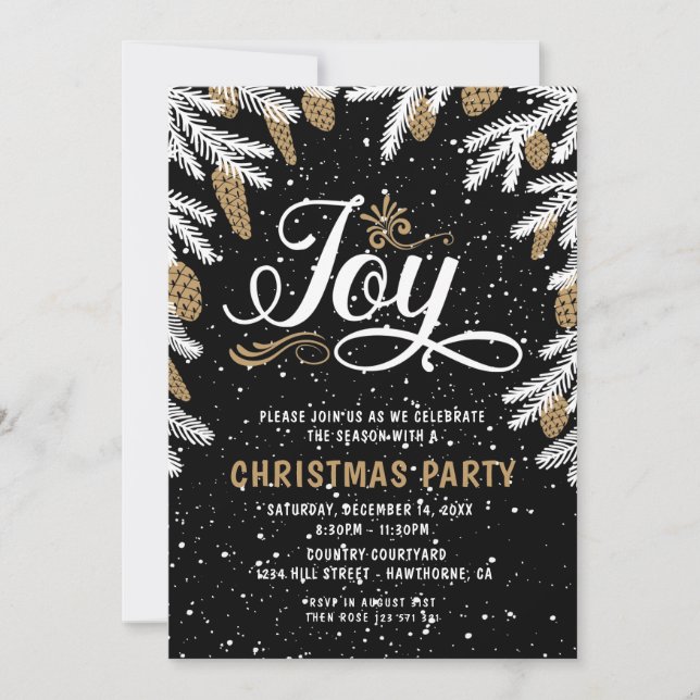 Christmas Party black & gold Joy Invitation (Front)