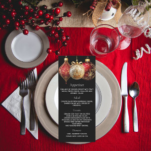 Christmas party black red gold baubles menu card