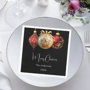 Christmas party black red gold baubles napkin