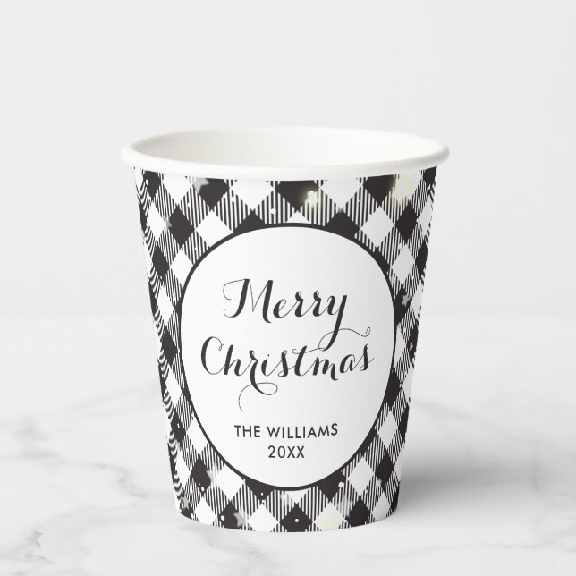 Christmas Party Black White Buffalo Plaid Paper Cups (Front)
