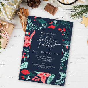 Christmas Party Blue Botanical Red Floral   Invitation