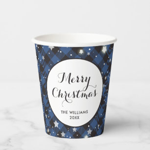 Christmas Party Blue Buffalo Plaid Paper Cups