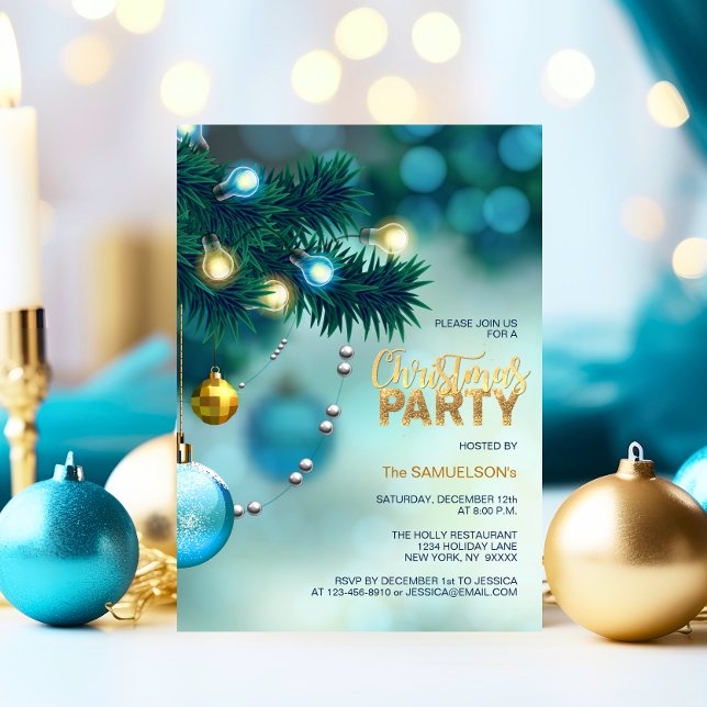 CHRISTMAS PARTY Blue Gold Tree Baubles Glitter Invitation (CHRISTMAS PARTY Blue Gold Tree Baubles Glitter Invitation)