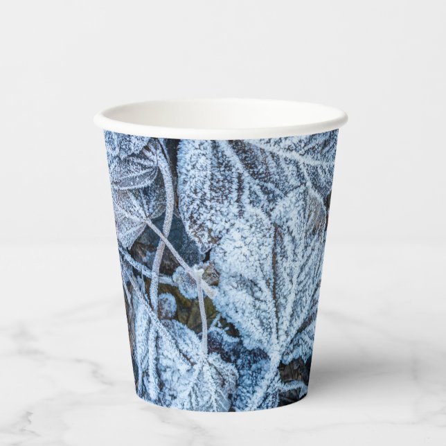 Christmas Party Blue Leaves Snow Holidays Winter Paper Cups (Front)