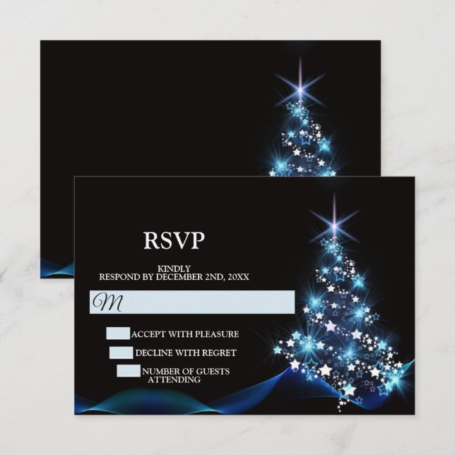 Christmas Party Blue Shiny Tree Black Elegant RSVP Card (Front/Back)