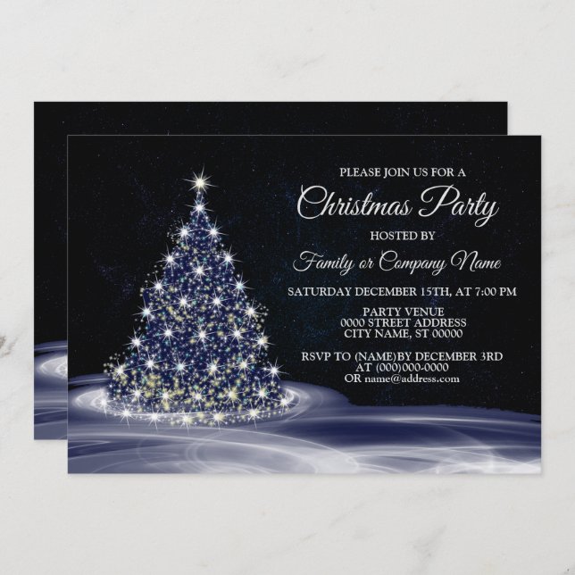 Christmas Party Blue Shiny Tree Winter Navy Invitation (Front/Back)