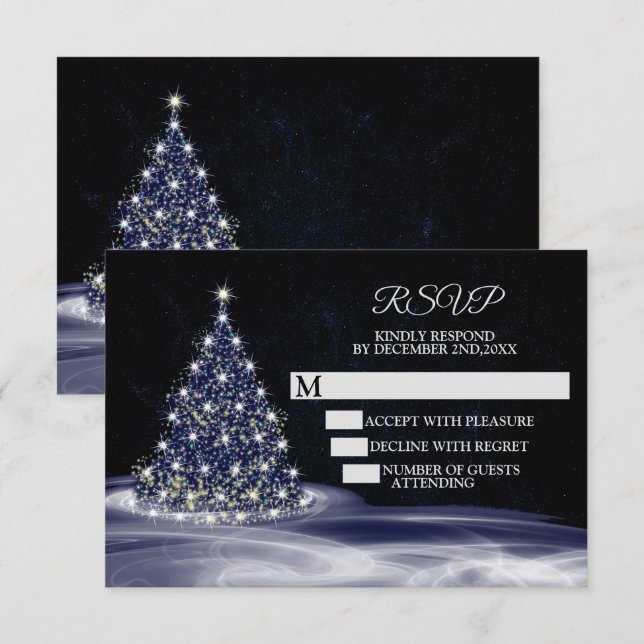 Christmas Party Blue Shiny Tree Winter Navy RSVP Card (Front/Back)