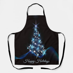 Christmas Party Blue Tree Shiny Black Elegant Apron