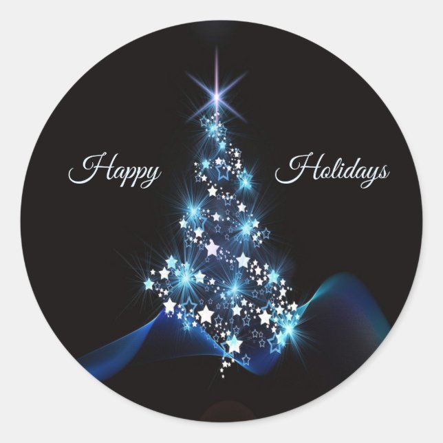 Christmas Party Blue Tree Shiny Black Elegant Classic Round Sticker (Front)