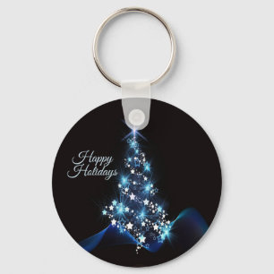 Christmas Party Blue Tree Shiny Black Elegant Key Ring