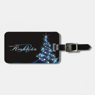 Christmas Party Blue Tree Shiny Black Elegant Luggage Tag