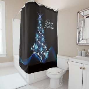 Christmas Party Blue Tree Shiny Black Elegant Shower Curtain