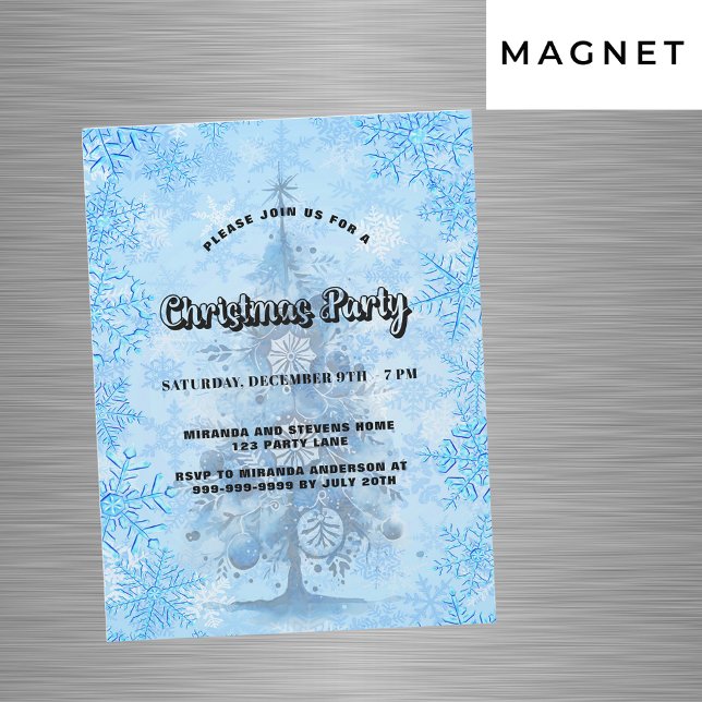 Christmas party blue tree snowflakes luxury magnetic invitation (Creator Uploaded)