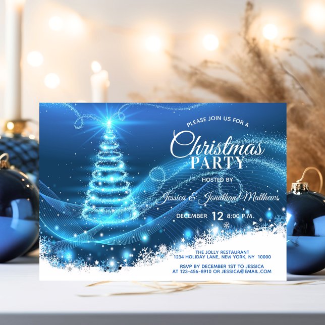 CHRISTMAS PARTY BLUE Twinkle Lights Snow Tree Invitation (CHRISTMAS PARTY BLUE Twinkle Lights Snow Tree Invitation)